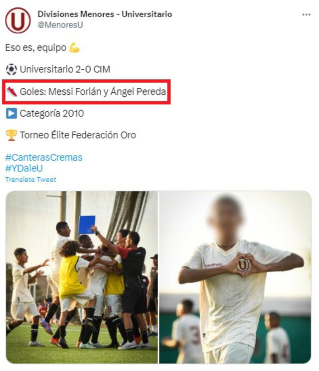  Messi Forlán forma parte de la categoría 2010 de Universitario. <strong>Foto: captura de Twitter</strong>   