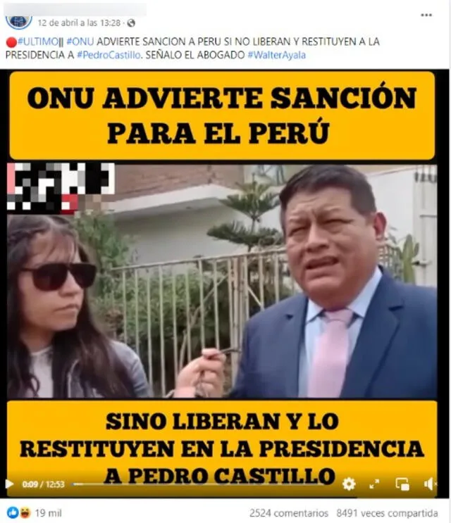  Publicación viral que afirma que la ONU advierte sancionar al Perú si no restituye como presidente a Pedro Castillo. Foto: captura en Facebook.&nbsp;   