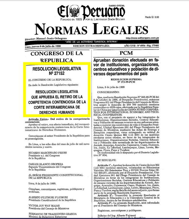 Edición de El Peruano publicada el 8 de julio de 1999 en la que aparece la Resolución Legislativa N° 27152. Foto: captura LR/Congreso de la República.   