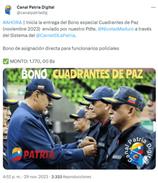 El Bono Cuadrantes de Paz se entregó el 29 de noviembre. Foto: Canal Patria Digital