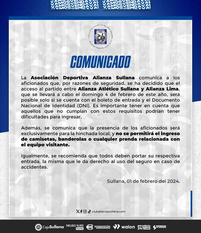 Comunicado de Alianza Atlético sobre las restricciones a la hora de asistir al estadio para el partido ante Alianza Lima. Foto: Alianza Atlético de Sullana/X   