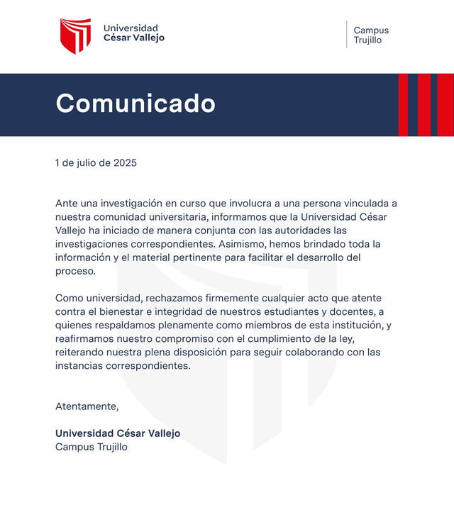 Comunicado de la Universidad César Vallejo (UCV) ante lo sucedido.   