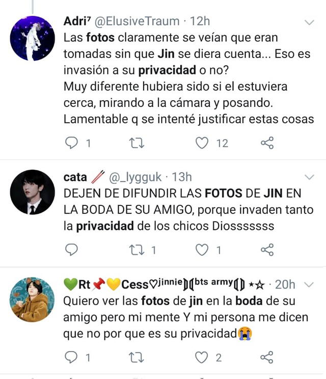 Seguidores de BTS protestando por la difusión de las fotos de Jin en la boda de su amigo. Crédito: captura Twitter