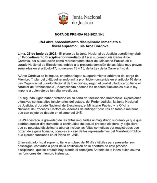 Junta Nacional de Justicia abre proceso disciplinario al fiscal Supremo Luis Arce Córdova