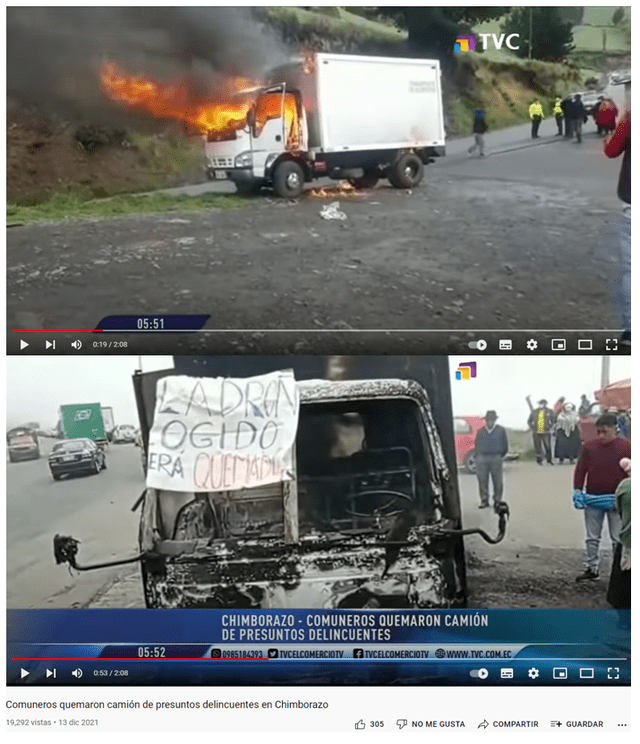 Escenas presentes en la nota de TV El Comercio sobre el camión en llamas. Fuente: El Comercio Ecuador