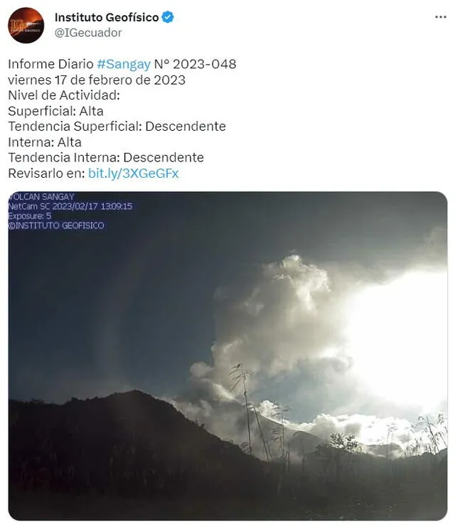  Volcán Sangay: reporte de hoy, 17 de febrero por la IGE. Foto: IGecuador/ Twitter   