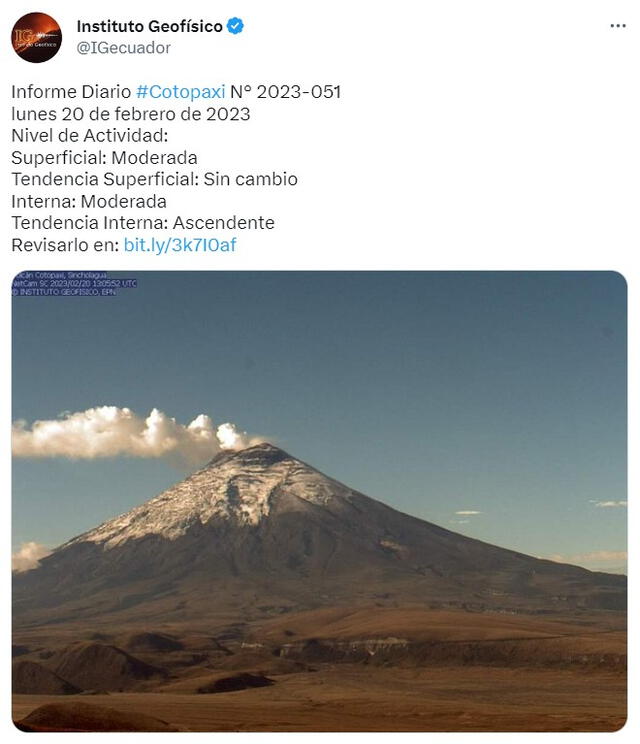  Informe diario del volcán Cotapaxi. Foto: @IGecuador/ Twitter   