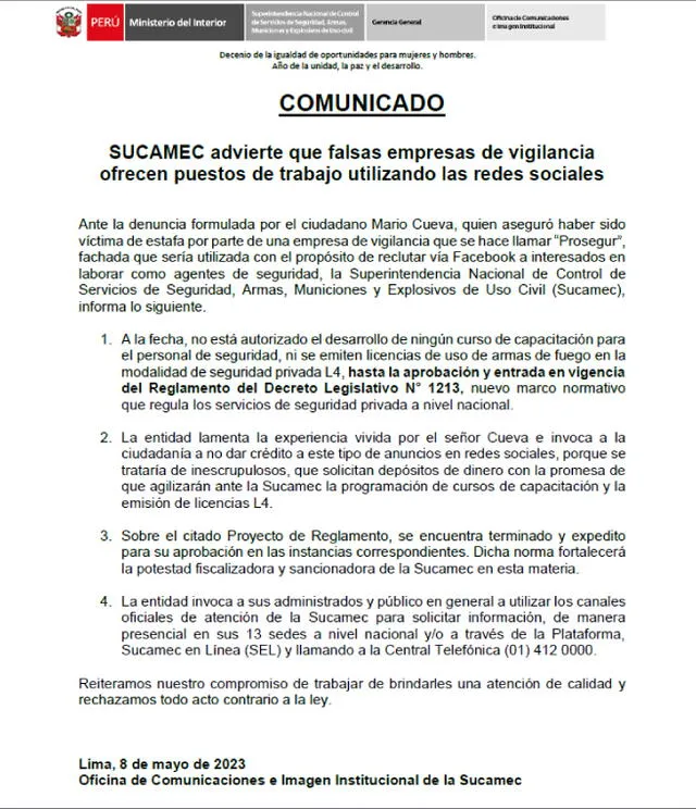  Sucamec emitió comunicado en respuesta a denuncia de Mario Cueva. Imagen: Sucamec 