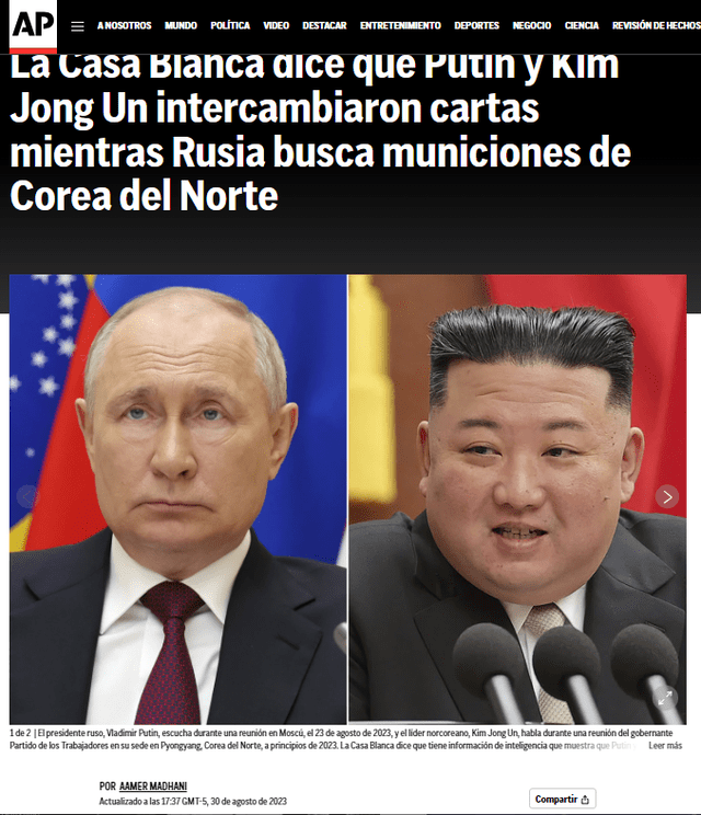  Artículo “La Casa Blanca dice que Putin y Kim Jong Un intercambiaron cartas mientras Rusia busca municiones de Corea del Norte”. Foto: captura en web / AP.<br><br>    