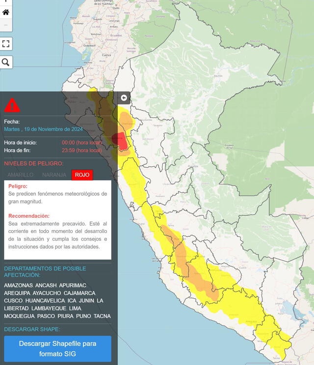 Mapa del calor realizado por Senamhi.