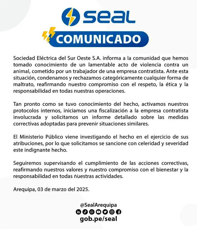 Comunicado de Seal tras el incidente. Foto: Seal Comunicado de Seal tras el incidente. Foto: Seal