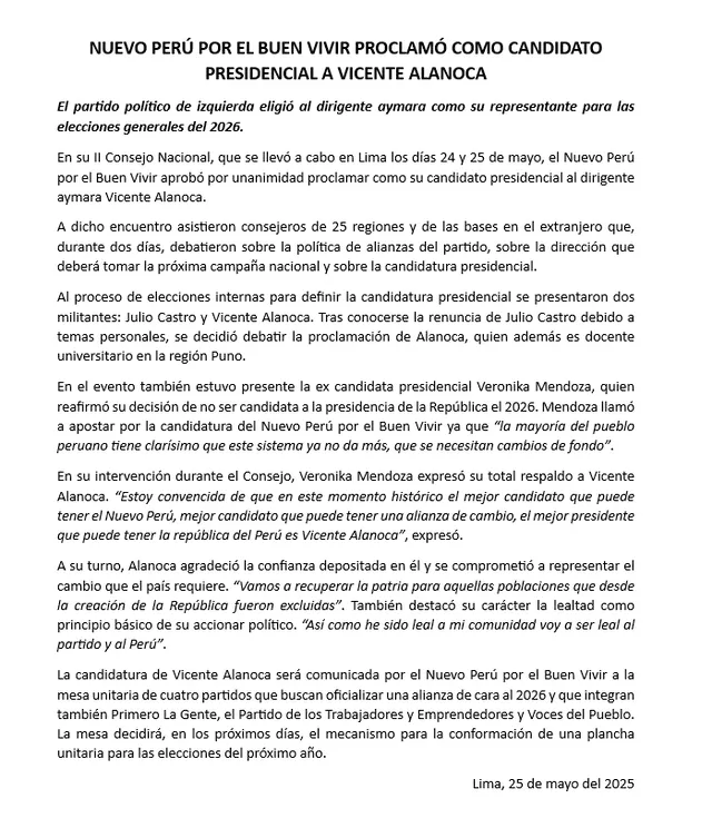 Comunicado del Nuevo Perú | Foto: NP. Comunicado del Nuevo Perú | Foto: NP.