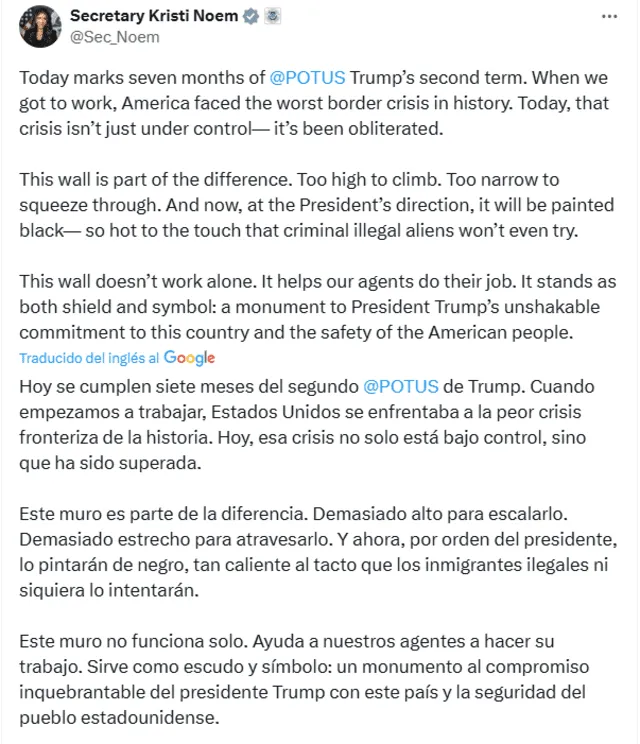  Kristi Noem afirma que la crisis fronteriza ha sido superada en Estados Unidos. Foto: X   