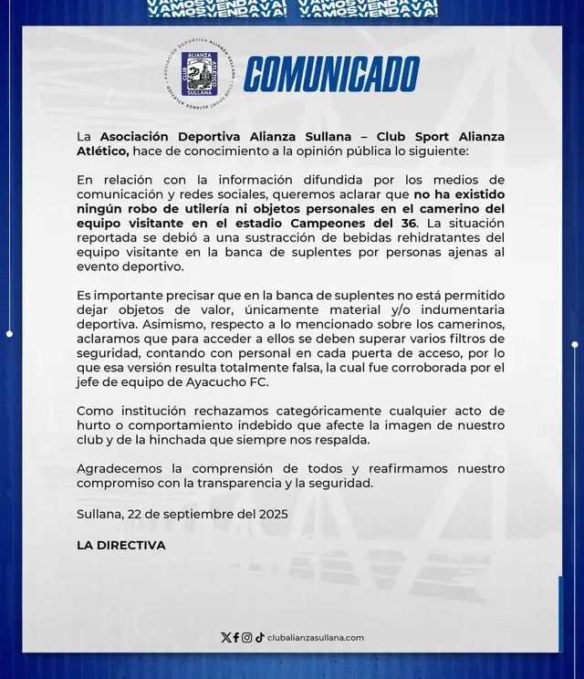 Comunicado de Alianza Atlético de Sullana. Foto: Facebook.   