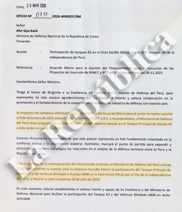La carta del exministro de Defensa, Amadeo Flores Carcagno, a su homólogo de República de Corea, Ahn Gyu-back, garantizándole la firma de la compra de los tanques K2 