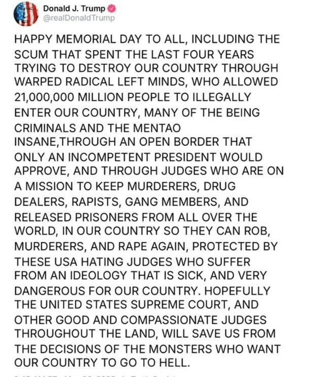 Donald Trump's Memorial Day post: Photo: @realDonaldTrump/ Truth Social   