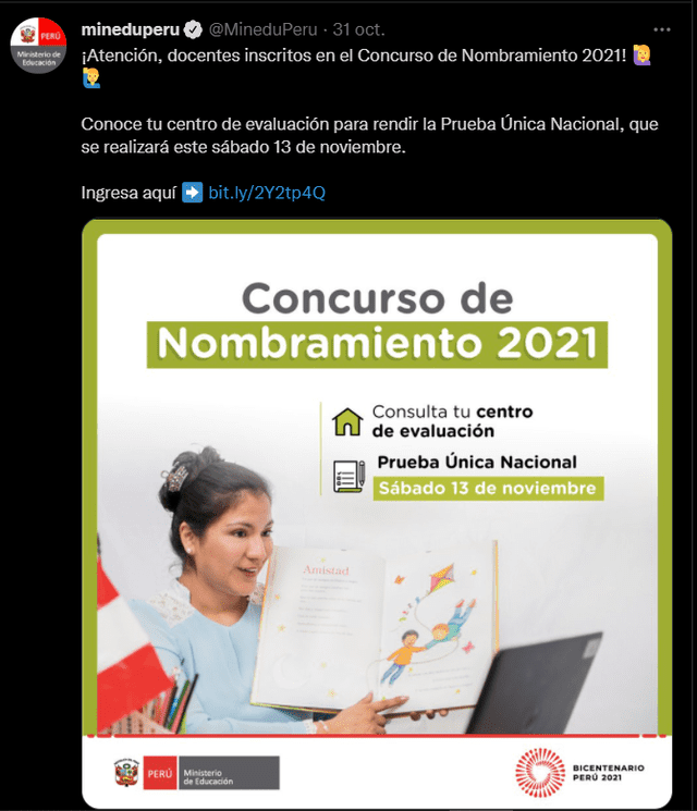 Conoce las nuevas disposiciones para el ascenso docente en el Concurso de Nombramiento 2021 por Minedu. Foto: captura Twitter mineduperu