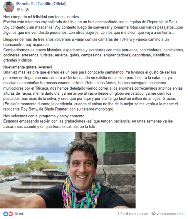 "Reportaje al Perú" de Manolo del Castillo se dejó de emitir con la llegada de la pandemia. Foto: Facebook/Manolo del Castillo   