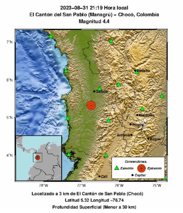 Epicentro del sismo en Colombia. Foto: SGC   