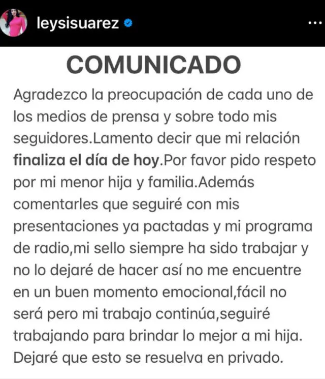 La bailarina Leysi Suárez confirmó el fin de su relación con Jaime La Torre.   