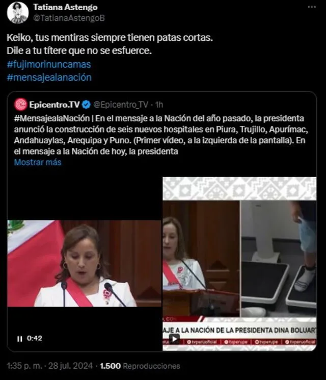 Fuerte mensaje de Tatiana Astengo en redes. Foto: Captura 'X'   