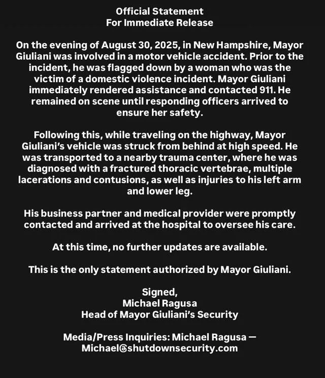  Este es el comunicado oficial sobre el estado actual del exalcalde Rudy Giuliani. Foto: Twitter   