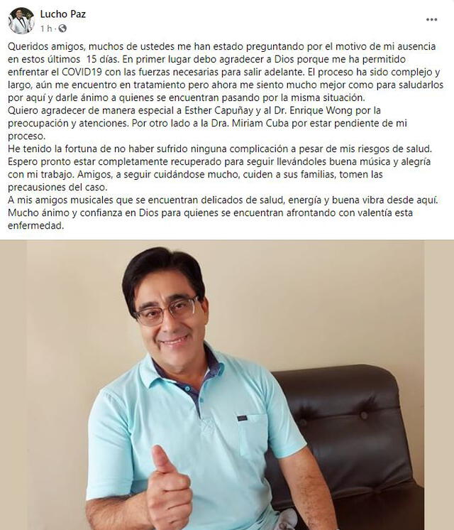 Lucho Paz revela que contrajo el coronavirus