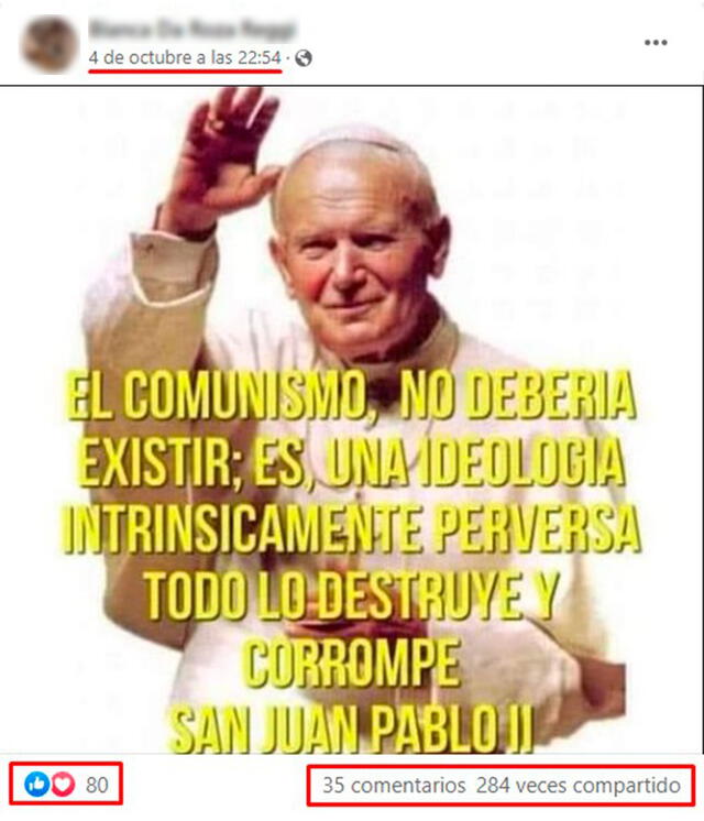 Posteo viralizado en la que aparece el papa Juan Pablo II y una frase apócrifa atribuida a él. FOTO: Captura de Facebook.