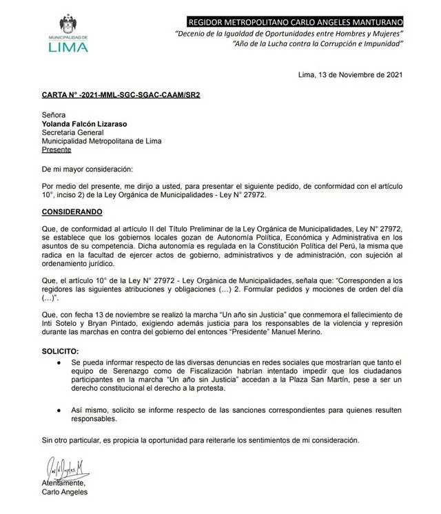 Carta enviada por el regidor a la Secretaría General de la Municipalidad de Lima. Foto: Twitter Carlo Angeles