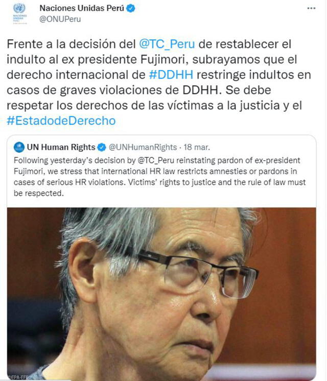 ONU tras fallo que libera a Fujimori: “El derecho internacional restringe indultos por violaciones de DD. HH.”. Foto: Captura Twitter