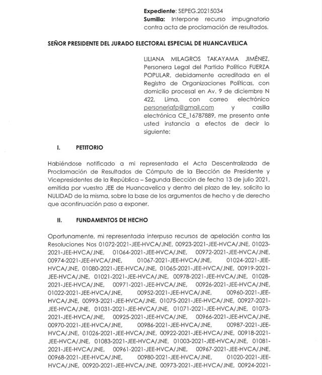 Apelación presentada ante el JEE de Huancavelica. Foto: captura documento