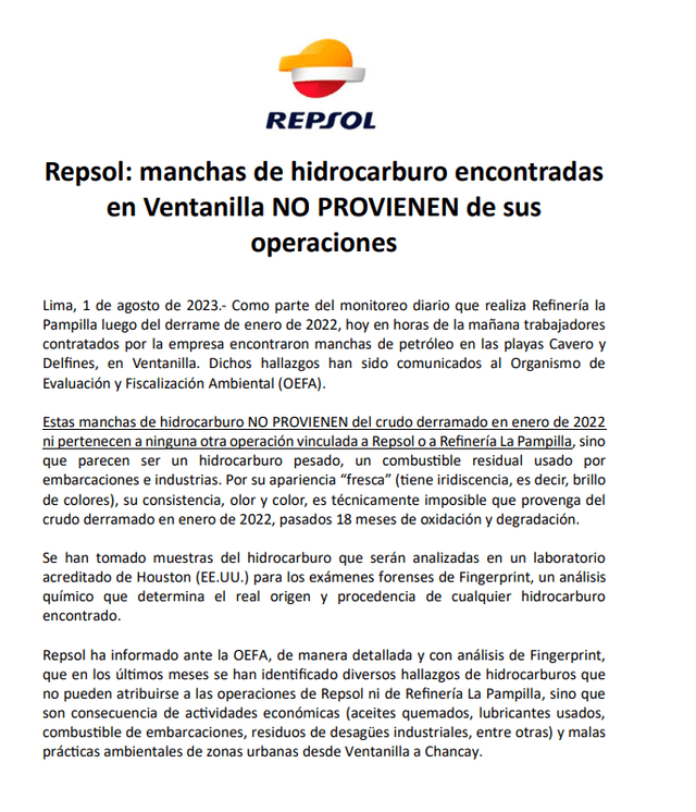 Comunicado de la empresa Repsol. Foto: Repsol   