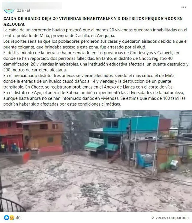  Desinformación sobre los huaicos en Arequipa. Foto: captura en Facebook.<br><br>    