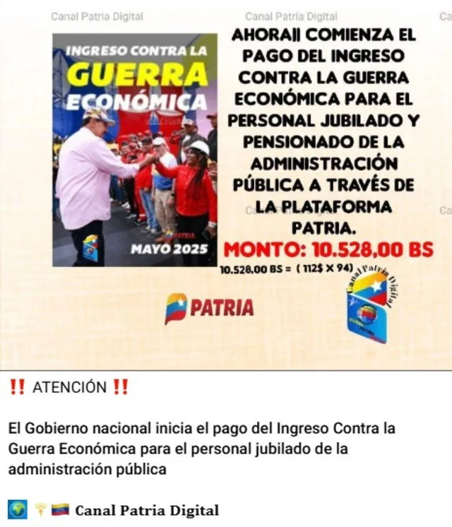 Anuncio del Bono de Guerra de mayo 2025 para jubilados. Foto: Canal Patria Digital Anuncio del Bono de Guerra de mayo 2025 para jubilados. Foto: Canal Patria Digital