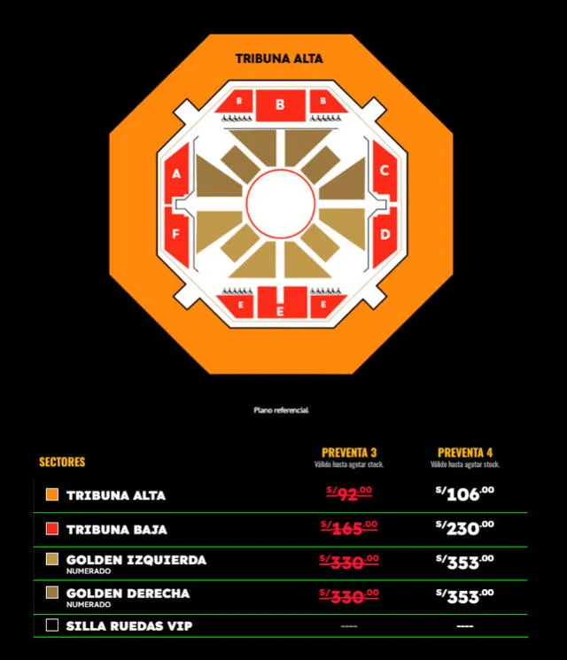 Ubicaciones y precios de entradas para La Noche Dorada. Foto: Teleticket Ubicaciones y precios de entradas para La Noche Dorada. Foto: Teleticket