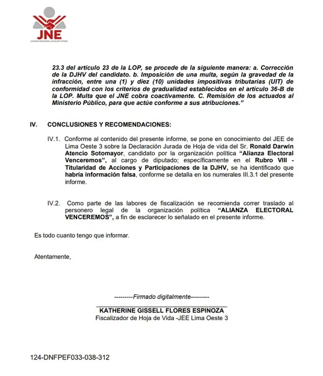 Conclusiones del informe del JEE | Foto: JEE. Conclusiones del informe del JEE | Foto: JEE.