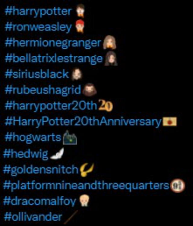 Emojis de Twitter habilitados por el especial Harry Potter 20 anniversary: return to Hogwarts. Foto: captura Twitter