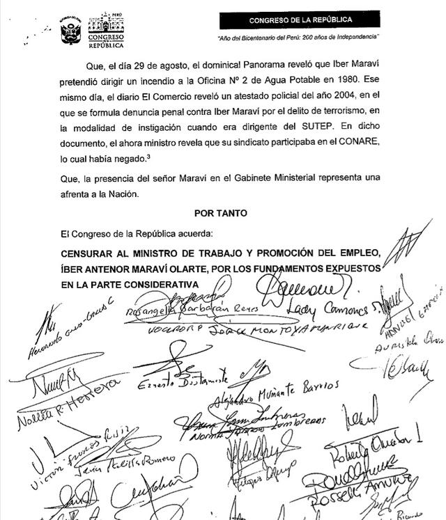 Documento de moción de censura firmado por los congresistas. Foto: captura