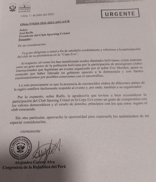 Oficio enviado por Alejandro Cavero a Sporting Cristal. Foto: Twitter
