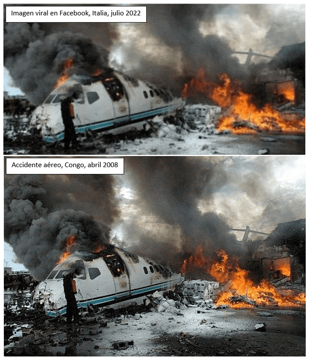 Comparación entre el supuesto accidente en Italia (arriba) y el siniestro en el Congo (abajo). Foto: composición LR/Facebook/The Guardian Comparación entre el supuesto accidente en Italia (arriba) y el siniestro en el Congo (abajo). Foto: composición LR/Facebook/The Guardian