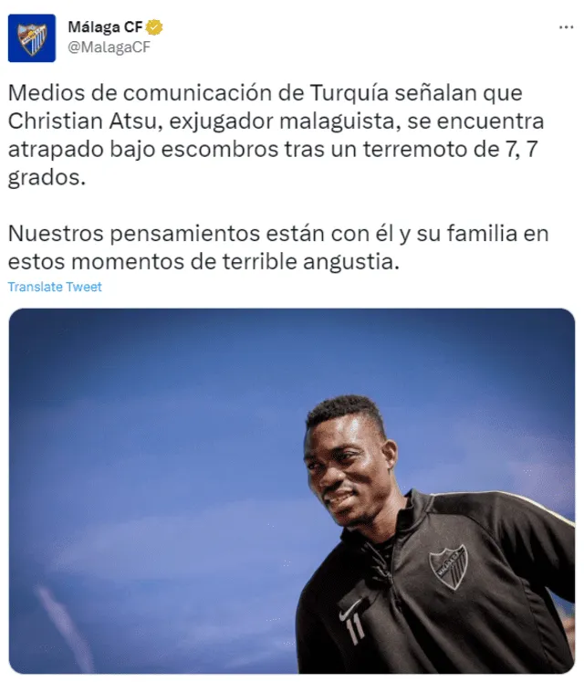 Málaga se pronuncian tras la noticia de la desaparición de Christian Atsu. Foto: Twitter / MálagaCF 