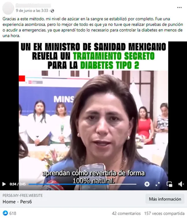  ¿Exministra de Salud Rosa Gutiérrez aparece en un video diciendo cómo revertir la diabetes tipo 2 de forma natural? Falso. Foto: captura en Facebook    