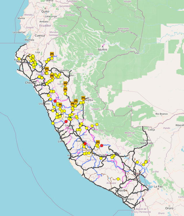 Mapa que muestra los ejes longitudinales y transversales de la Red Vial Nacional. Foto: Provías Nacional