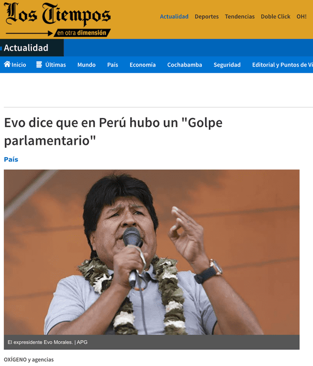 Última publicación en Los Tiempos en la que Evo Morales brindó su postura frente a la crisis política que atraviesa el Perú. Foto: captura LR/Los Tiempos.