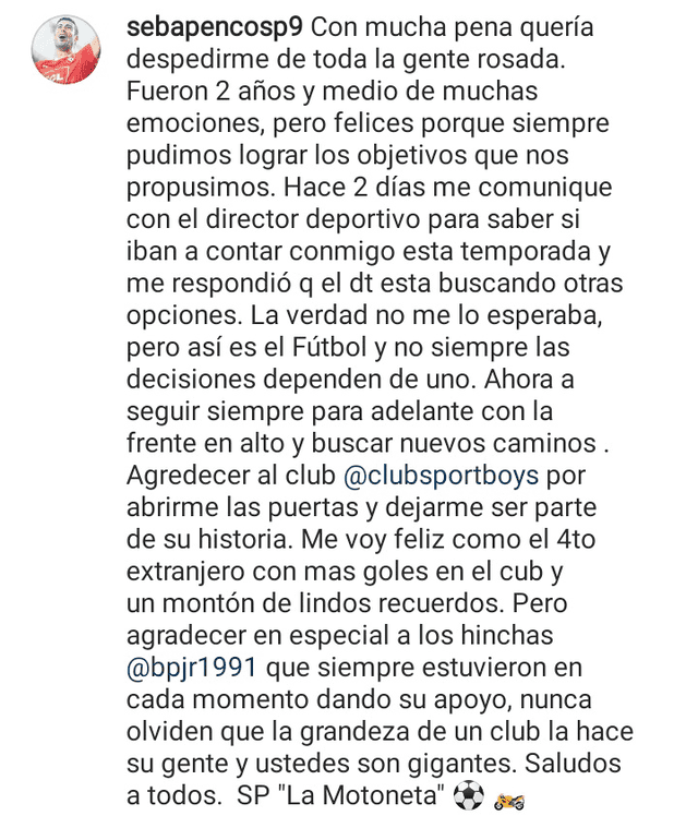 Mensaje del delantero. Foto: Instagram