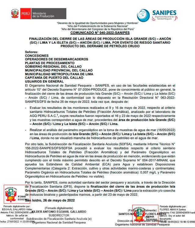 Comunicado fue emitido este lunes 6 de junio. Foto: Sanipes Comunicado fue emitido este lunes 6 de junio. Foto: Sanipes
