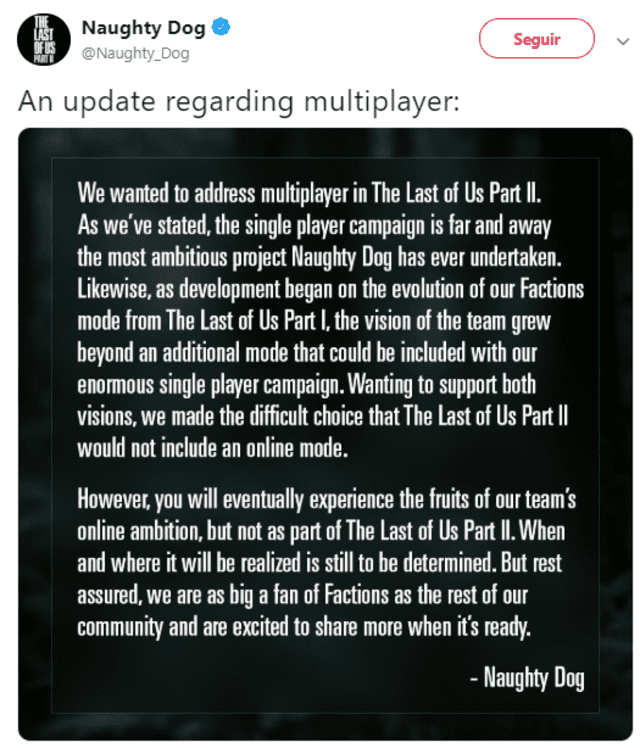 Comunicado de Naughty Dog sobre el multiplayer en The Last of Us Part II
