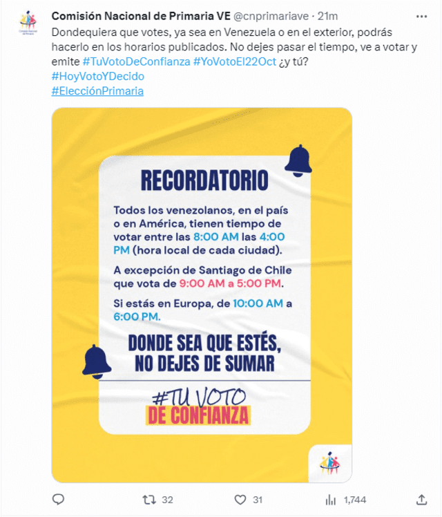  La Comisión Nacional de Primaria Venezuela informa acerca del cierre de las mesas de sufragio en América y Europa. Foto: Twitter / @cnprimariave    