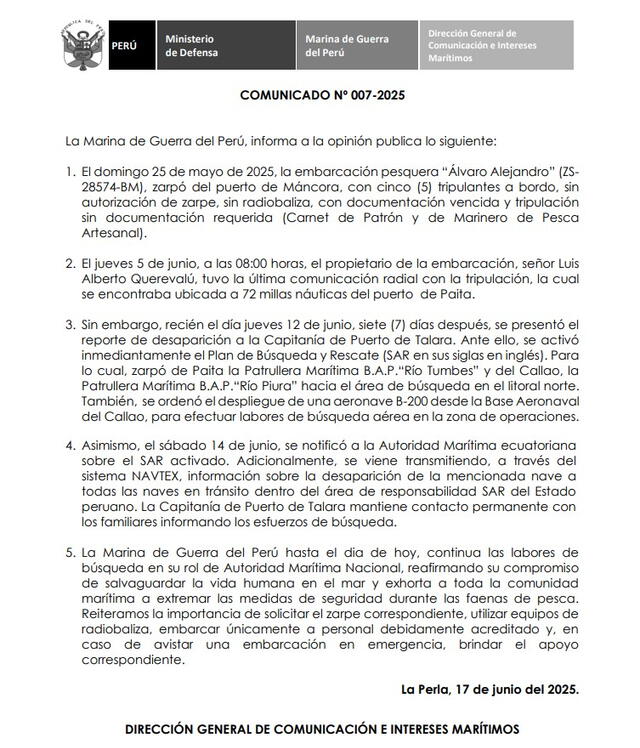Comunicado de la Marina de Guerra. Foto: X Comunicado de la Marina de Guerra. Foto: X