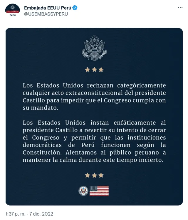 Pronunciamiento de la embajad de Estados Unidos. Foto: @USEMBASSYPERU/Twitter